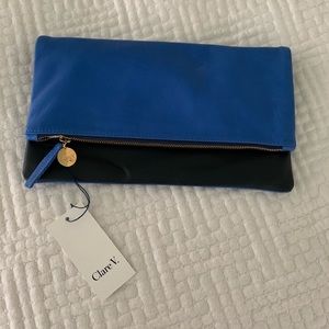 Claire V. Blue and Black Leather Foldover Clutch